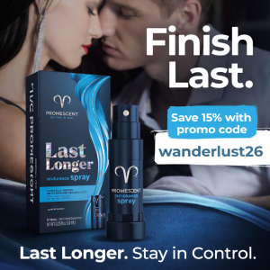 Promescent 15% Off Banner for Wanderlust Swingers and Libertine Events community featuring Delay Spray product and WANDERLUST26 promo code