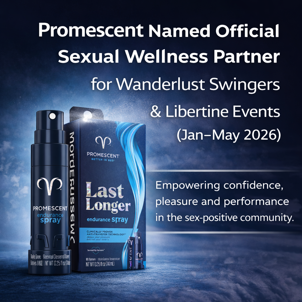 Square promotional image announcing Promescent as the Official Sexual Wellness Partner for Wanderlust Swingers and Libertine Events from January to May 2026. Includes Promescent Delay Spray and product packaging.