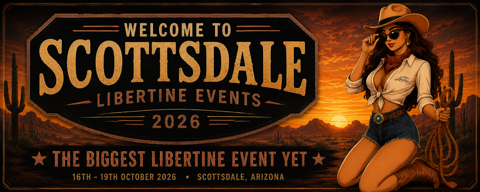 Vintage Western poster for Libertine Events in Scottsdale, Arizona, 16–19 October 2026, featuring a cowgirl against a desert sunset.